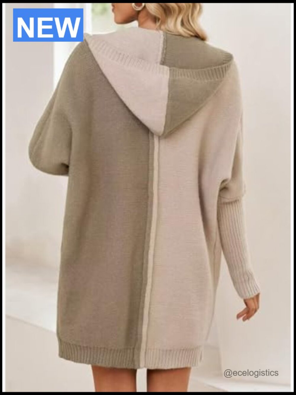 Open Front Hooded Knit Cardigan Sweater Color Block Long Sleeve - Picture 4 of 7